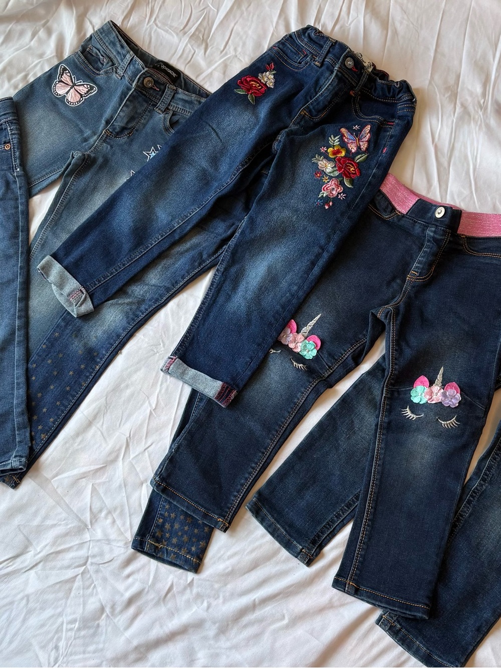 SIX PAIR Dark Blue Denim Jeans with Embroidered Unicorns & Floral Patches